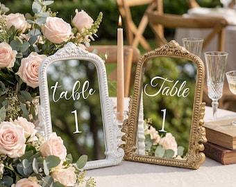 Wedding Table Numbers, Retro-inspired Gold & White Frames, Elegant Wedding Table Decor, Vintage Silver Mirror Table Signs for Reception