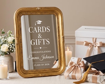 Personalized Cards & Gifts Mirror Sign | Custom Name Grad Party Table Sign, Vintage Gold Frame Mirror Cards and Gifts Station Marker