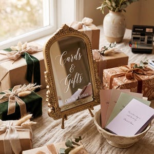 Può includere: Uno specchio decorativo dorato ad arco con la scritta bianca "Cards & Gifts" e "Olivia & Ethan", posizionato su un tavolo tra regali avvolti con nastri di velluto, fiori secchi e una ciotola contenente biglietti d'auguri.