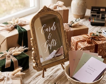 Letrero de espejo para tarjetas y regalos personalizados, decoración de mesa de boda vintage ornamentada, letrero de mesa de regalo de recepción personalizado, marco dorado antiguo/blanco