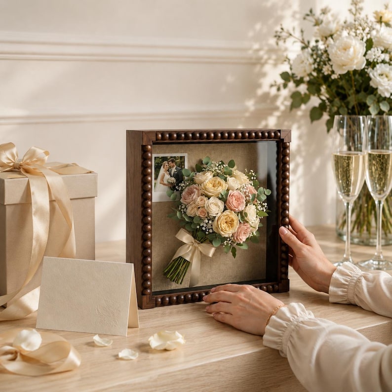 May include: A square wooden shadow box frame with a beaded border containing a preserved bouquet of cream and pink roses, greenery, and a small photograph of a couple. The frame sits on a table next to a gift box with a ribbon and a blank card.