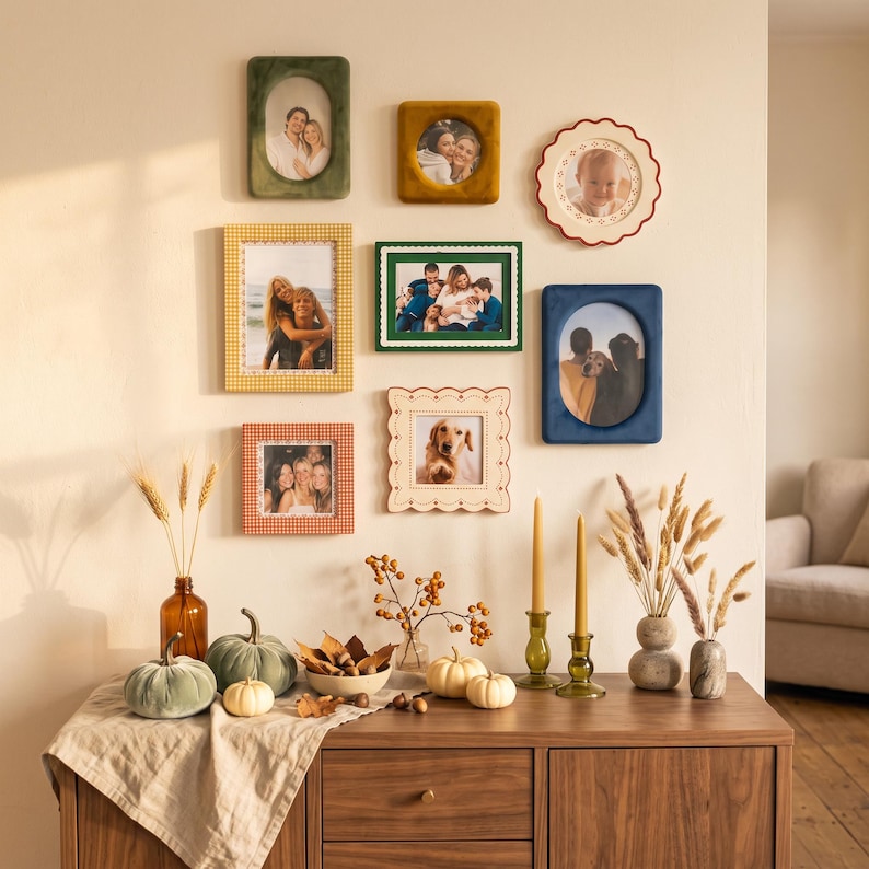 May include: A collection of seven assorted wall-mounted picture frames in various shapes, colors, and textures, including velvet, scalloped, and patterned finishes, displayed above a wooden sideboard with pumpkins, candles, and dried botanicals.