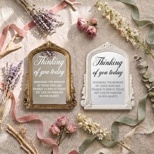 Letrero personalizado para mesa de recuerdos, Pensando en ti hoy, Decoración de mesa de boda en memoria de un ser querido, Marco dorado antiguo/blanco