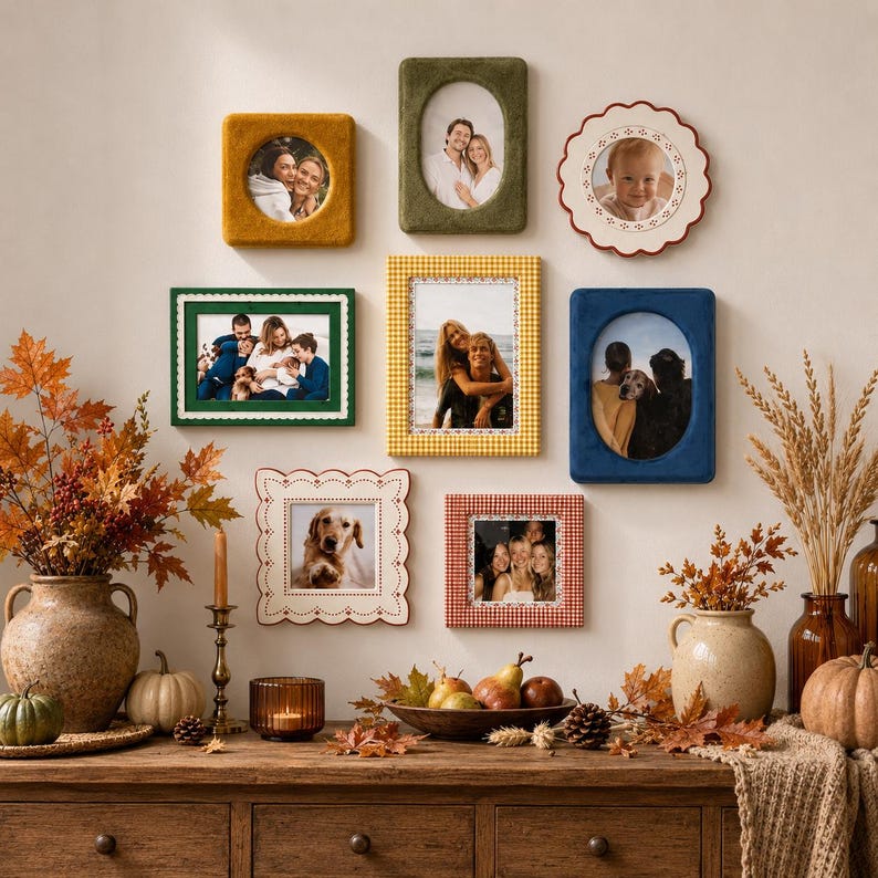 May include: A gallery wall arrangement featuring nine assorted picture frames in various shapes, colors, and textures, including velvet, gingham, and scalloped edges, displaying personal photographs, mounted above a wooden console table.