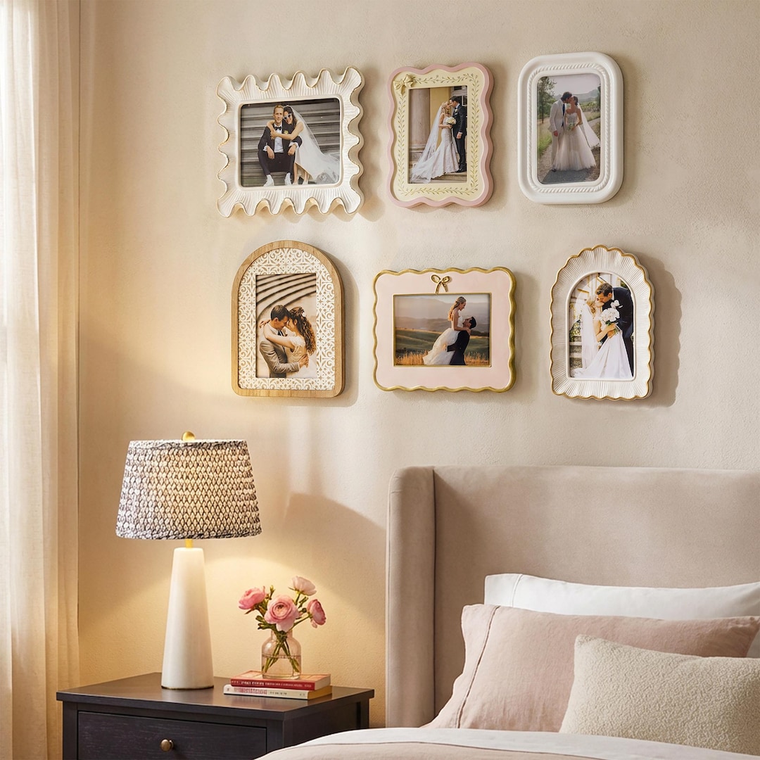 6 Piece Multi Gallery Wall Picture Frame Set, Ivory & Blush 4x6 Wavy Photo Frame, Vintage Style Family Frame, Bridal Shower Gift
