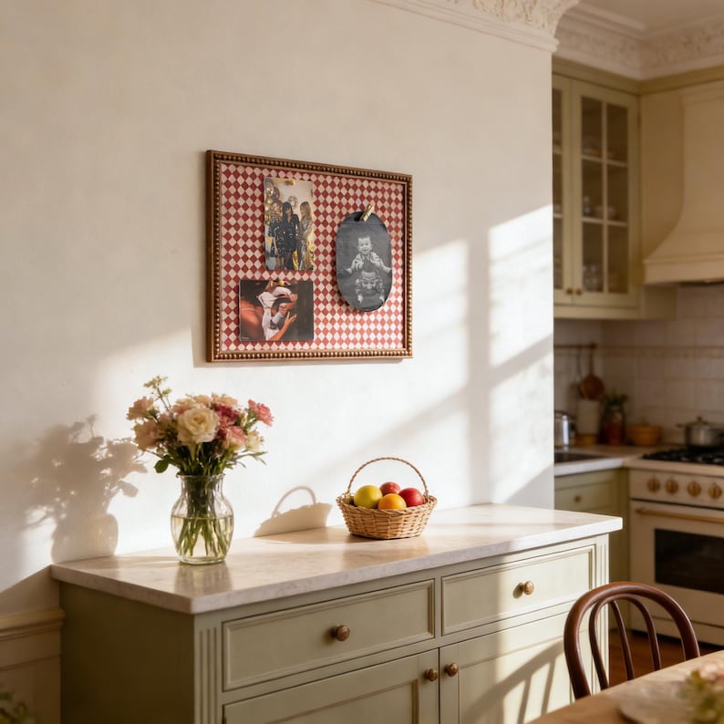 May include: A kitchen scene with a framed photo display featuring a red and white checkered background. The display holds three photos. A vase of flowers and a basket of fruit sit on a green cabinet with a marble countertop. The kitchen has light green cabinets.