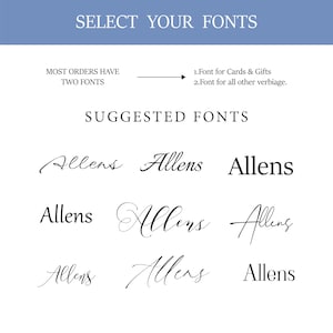 May include: A font selection chart featuring the text SELECT YOUR FONTS and SUGGESTED FONTS. It displays the word Allens in eight distinct black typefaces, ranging from cursive scripts to serif styles, arranged in a grid on a white background.