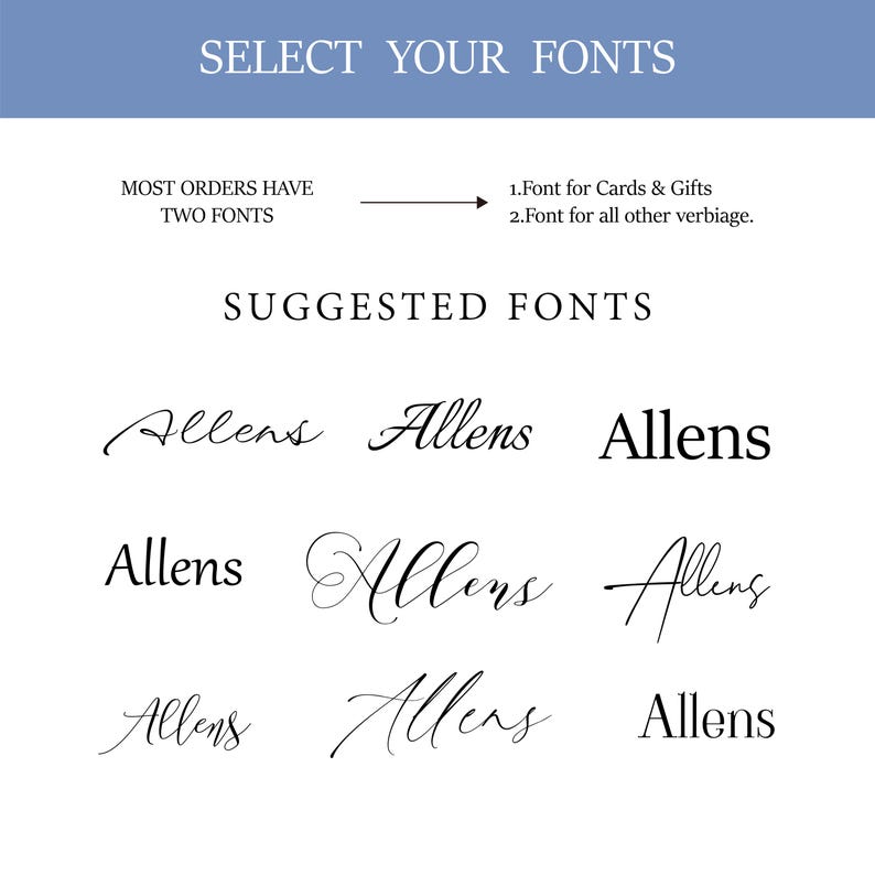 May include: A font selection chart featuring the text SELECT YOUR FONTS and SUGGESTED FONTS. It displays the word Allens in eight distinct black typefaces, ranging from cursive scripts to serif styles, arranged in a grid on a white background.
