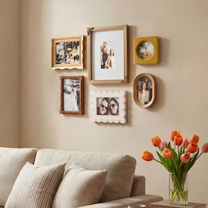 Ensemble de cadres photo muraux Gallery vintage, 6 pcs, formes variées, or | Cadres photo en bois | 4x6 5x7 4x4 Mur | Cadres de table pour la décoration intérieure