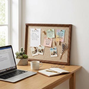 May include: A desk with a laptop, coffee cup, and a corkboard. The corkboard has a brown frame and is decorated with notes, photos, and lavender. The laptop screen displays a document. A small cactus is in a geometric pot.
