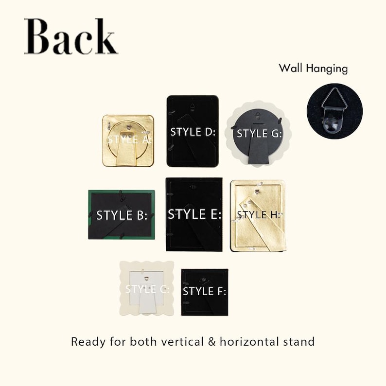 May include: A collection of picture frame backs labeled Style A through H, showcasing various stand configurations and a wall hanging hook. The display includes gold, black, green, and white frames with integrated stands for vertical and horizontal use.