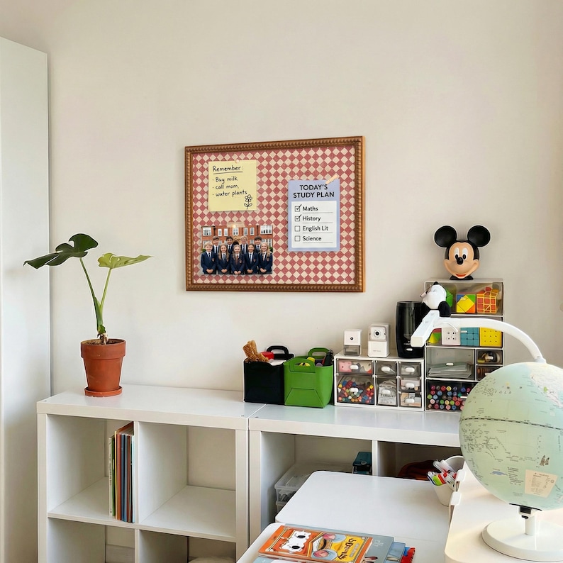 May include: A home office or study space with a white desk and shelves. A bulletin board with a red and white checkered pattern hangs on the wall. The board has notes and a "Today's Study Plan" list. A Mickey Mouse figurine sits on a shelf.