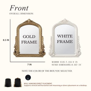 May include: Two arched mirrors with ornate frames, one gold and one white. Text labels indicate an overall dimension of 8.5 inches by 7 inches and a mirror size of 7.1 inches by 4.9 inches. Includes a wall hanging hook and a stand for desktop placement.