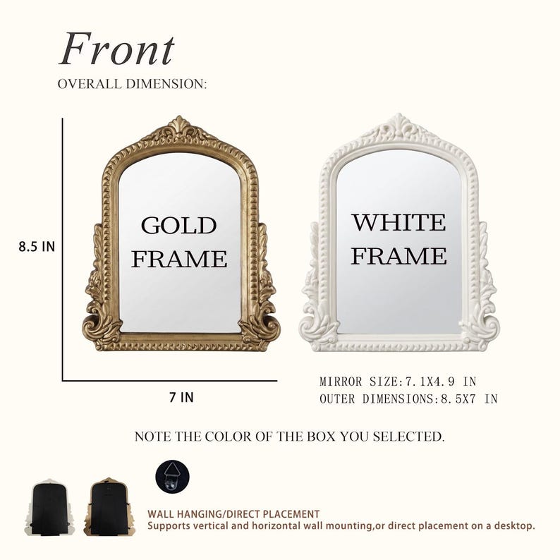 May include: Two arched mirrors with ornate frames, one gold and one white. Text labels indicate an overall dimension of 8.5 inches by 7 inches and a mirror size of 7.1 inches by 4.9 inches. Includes a wall hanging hook and a stand for desktop placement.