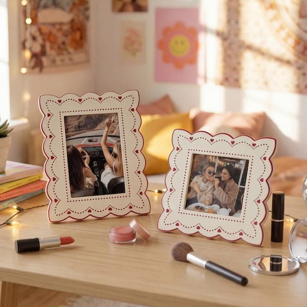 Lindos marcos de fotos festoneados con corazón cosido de 4x6, marco de fotos para regalo de mejor amigo, marco de recuerdo romántico para escritorio, decoración del hogar de estilo hecho a mano.