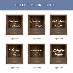 Puede incluir: Seis letreros enmarcados en madera con los nombres "Sebastian y Mireille" y la fecha "05.25.2024" en varios estilos de fuente. El texto "SELECT YOUR FONTS" est&aacute; en la parte superior.