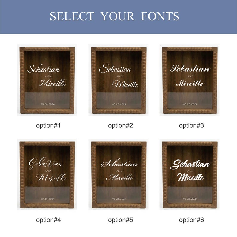 Puede incluir: Seis letreros enmarcados en madera con los nombres "Sebastian y Mireille" y la fecha "05.25.2024" en varios estilos de fuente. El texto "SELECT YOUR FONTS" est&aacute; en la parte superior.