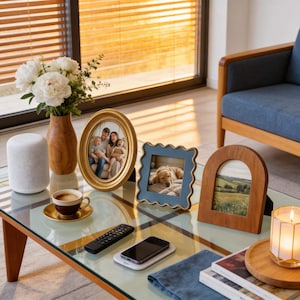 May include: A living room scene with a glass-topped coffee table. On the table are framed photos, a vase of flowers, a smart speaker, a cup of coffee, a remote, a phone, and a candle. The frames are gold, blue, and wood.