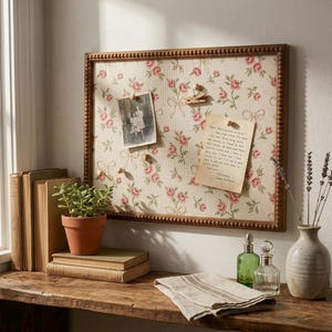 May include: A floral bulletin board with pink roses and bows on a cream background. The wooden frame has a beaded edge. A black and white photo and a handwritten note are pinned to the board. A small terracotta pot with a plant sits on a wooden shelf.