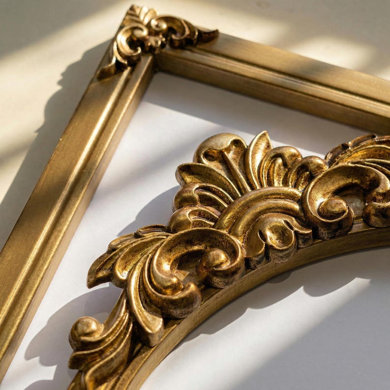 Puede incluir: Primer plano de dos marcos dorados ornamentados. Los marcos tienen detalles de volutas y un acabado met&aacute;lico. Los marcos est&aacute;n sobre un fondo blanco, con sombras que a&ntilde;aden profundidad al dise&ntilde;o. Los marcos son probablemente para exhibir arte o fotograf&iacute;as.