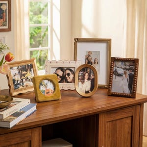 Vintage Gallery Wall Picture Frame Set, 6 Pcs Mixed Shape Gold | Wood Photo Frames | 4x6 5x7 4x4 Wall | Tabletop Frames for Home Decor