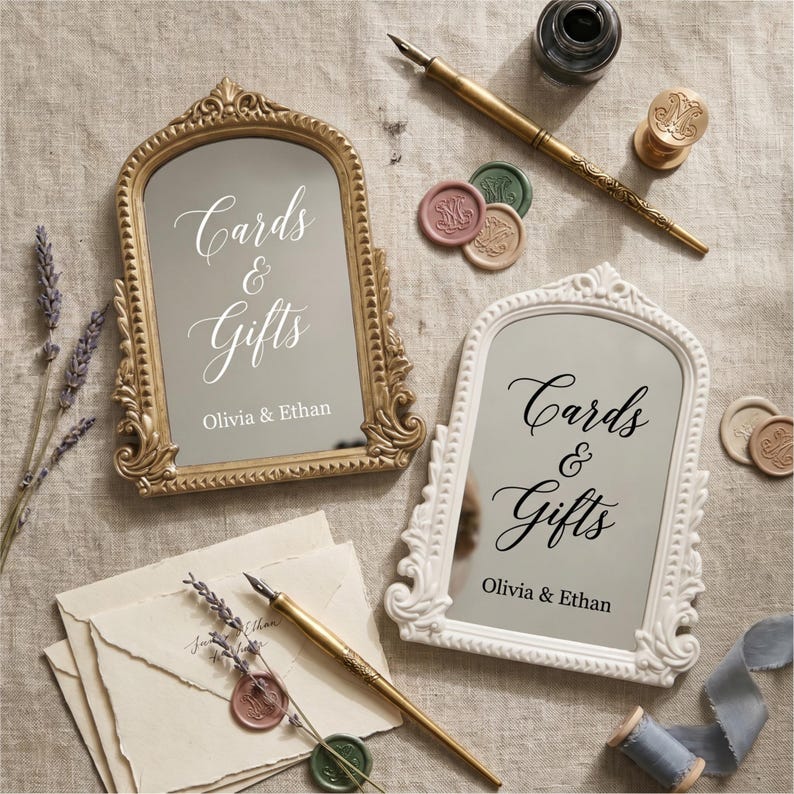 Personalized Cards & Gifts Mirror Sign, Vintage Ornate Wedding Table Decor, Custom Reception Gift Table Sign, Antique Gold/White Framed image 9