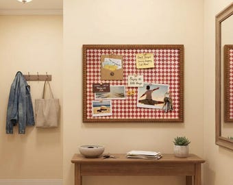 Tablero de notas vintage de tela a cuadros rojos, tablero decorativo con marco de madera ornamentado, expositor de fotos de 33 x 43 cm para el hogar, la oficina y la guardería.