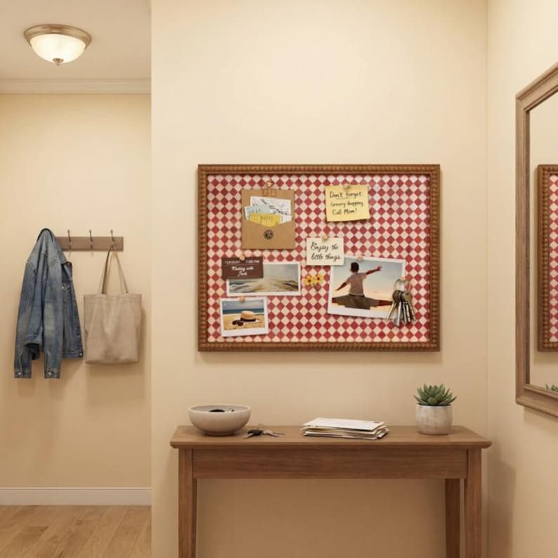 Vintage Checkered Fabric Bulletin Board, Decorative Pin Board with Ornate Wooden Frame, 13x17 Memo Board for Home Office, Nursery image 1