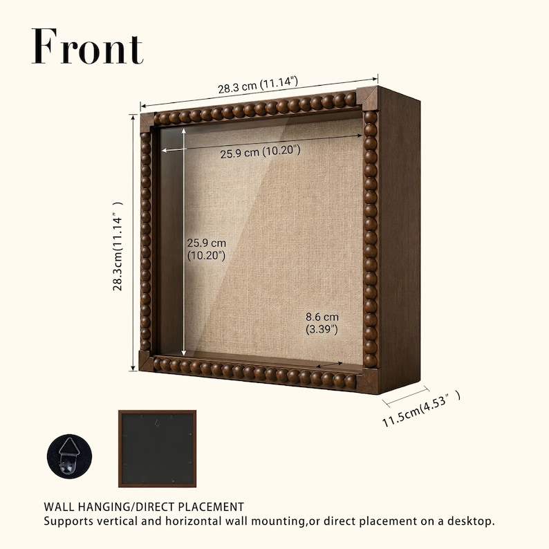 May include: A square dark brown wooden shadow box frame with a beaded border and a beige linen backing. The frame measures 11.14 inches by 11.14 inches externally, with a depth of 4.53 inches. It includes a rear hanging bracket for wall mounting.