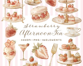 Paquete de imágenes prediseñadas de té de la tarde con fresas elegantes / 26 elementos PNG