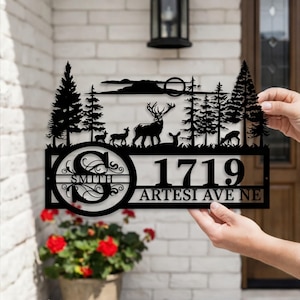 Custom Address Sign, Personalized House Number Plaque, Metal Outdoor Name Sign, Modern Home Decor, Unique Forest Porch Decor, New Home Gift