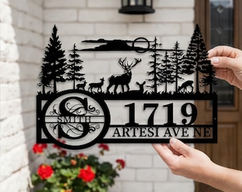 Custom Address Sign, Personalized House Number Plaque, Metal Outdoor Name Sign, Modern Home Decor, Unique Forest Porch Decor, New Home Gift
