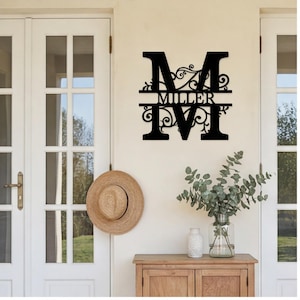 May include: Black metal wall art featuring the letter "M" with the name "MILLER" cut out. The decorative piece includes ornate scrollwork and is mounted on a light-colored wall. A straw hat hangs nearby.