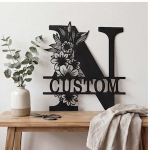 Puede incluir: Un letrero de pared de metal negro con forma de letra N, que presenta un diseño floral recortado en el lado izquierdo y una barra horizontal en el centro con la palabra CUSTOM recortada en una fuente serif audaz.