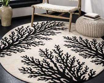Black White Round Rug, Hand Tufted Wool Rug, Modern Minimalist Coral Rug, Round Area Rug Living Room, Custom Size Rug