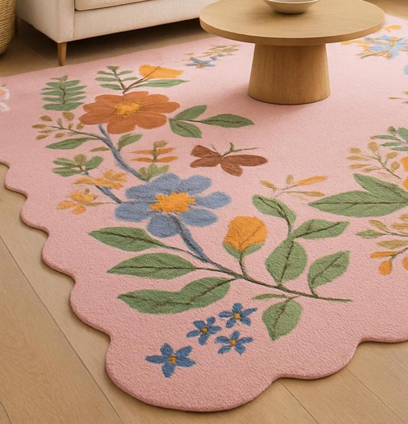 Beige Floral Scalloped Edge Botanical Carpet Cottagecore Aesthetic Home ...