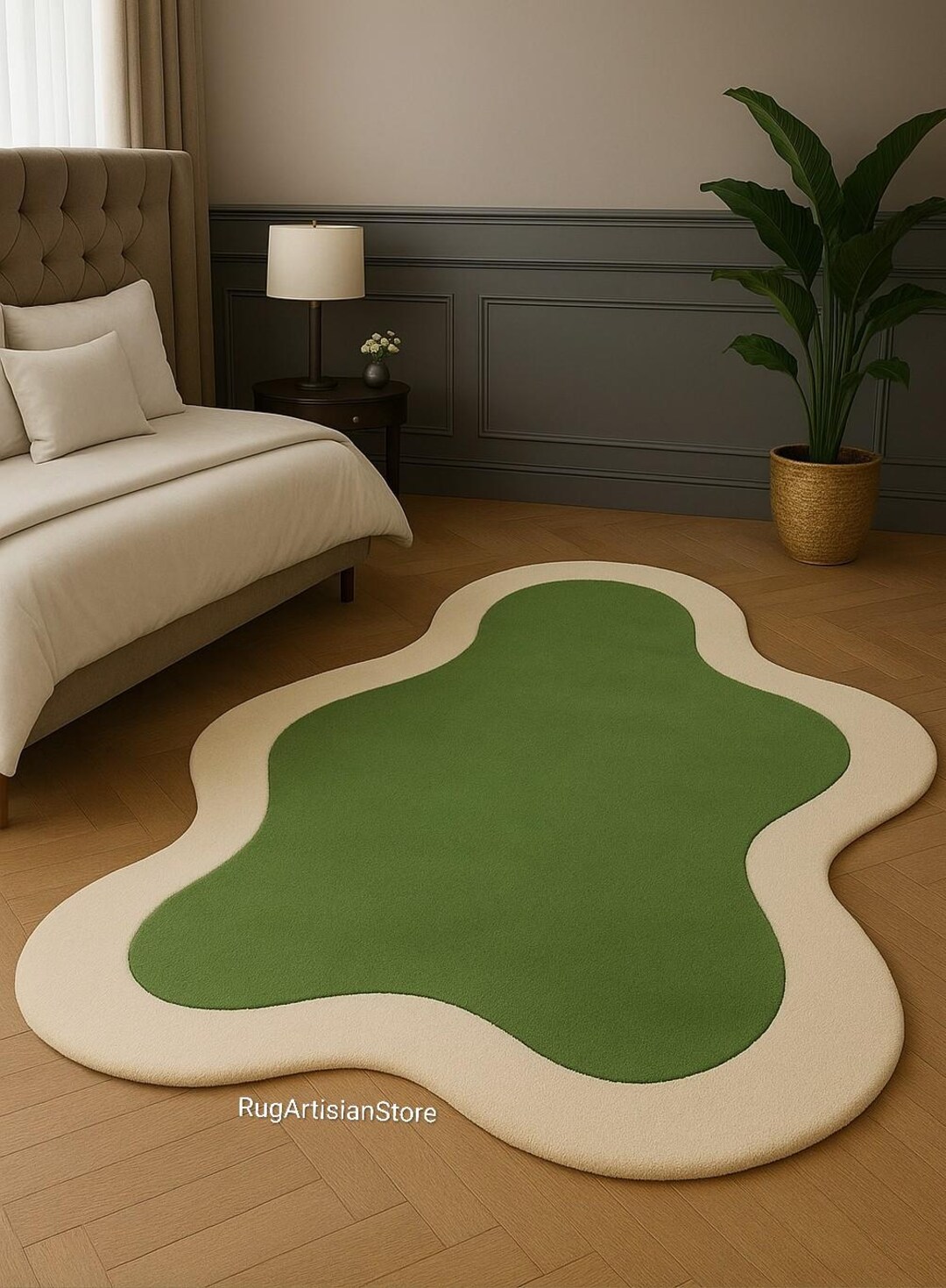 Green Irregular Shape Hand Tufted Rug – Modern Wavy Carpet for Bedroom ...