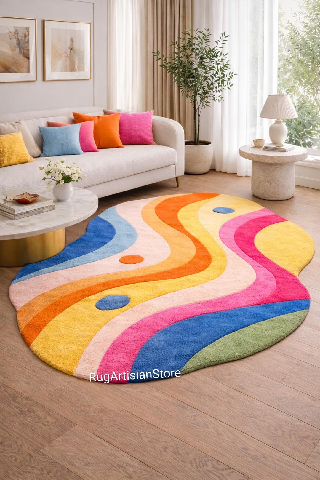 Colorful Multi Abstract Rug Hand Tufted Colorful Abstract Area Rug Modern Wavy Design Living Room ...