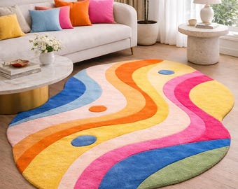 Hand Tufted Colorful Abstract Area Rug Modern Wavy Design Living Room Bedroom Carpet