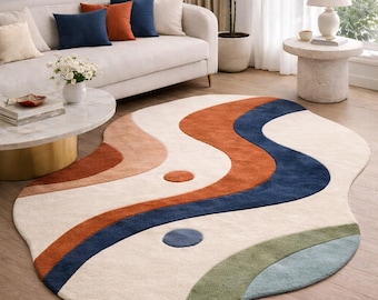 Hand Tufted Abstract Wavy Area Rug Modern Multicolor Design Living Room Bedroom Carpet