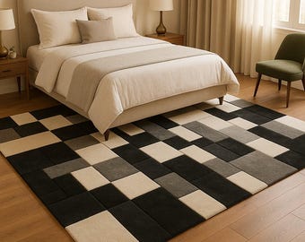 Hand Tufted Wool Rug, Modern Checkerboard Design, New Zealand Wool Area Carpet