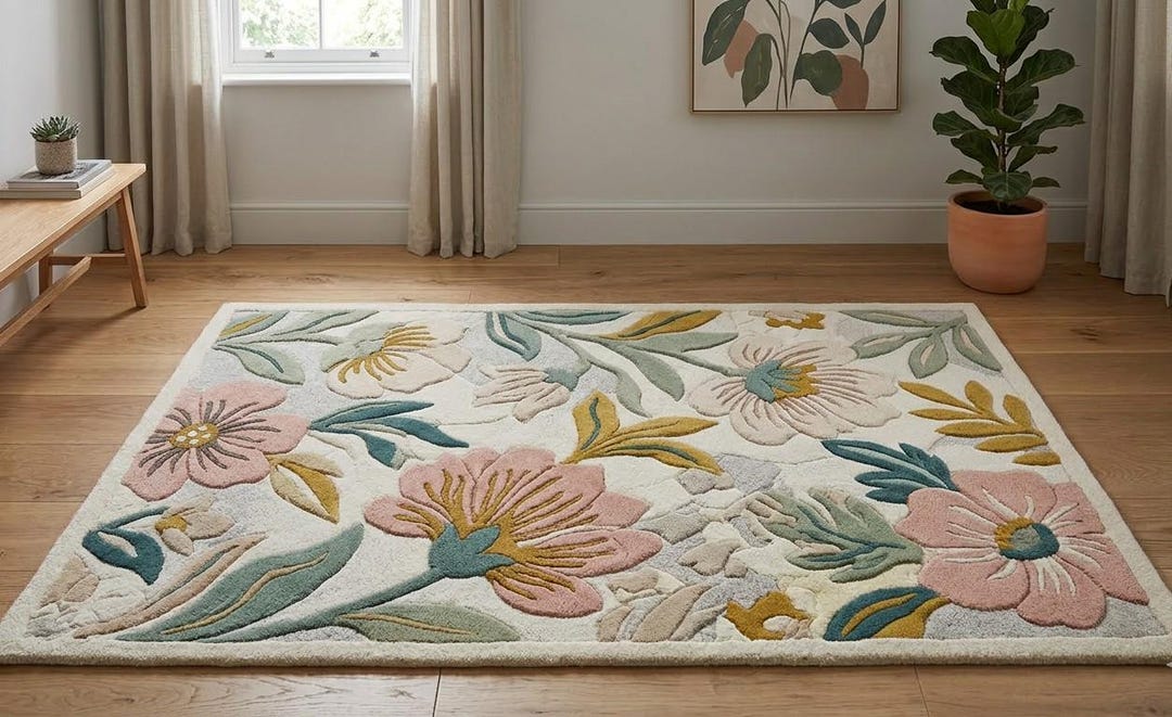 Hand Tufted Floral Rug, Botanical Wool Area Rug, Modern Living Room ...