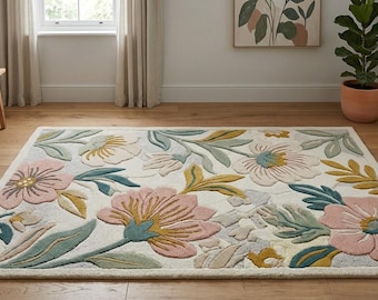 Hand Tufted Floral Rug, Botanical Wool Area Rug, Modern Living Room Carpet, Handmade Flower Rug, Custom Size Tufted Area Rug