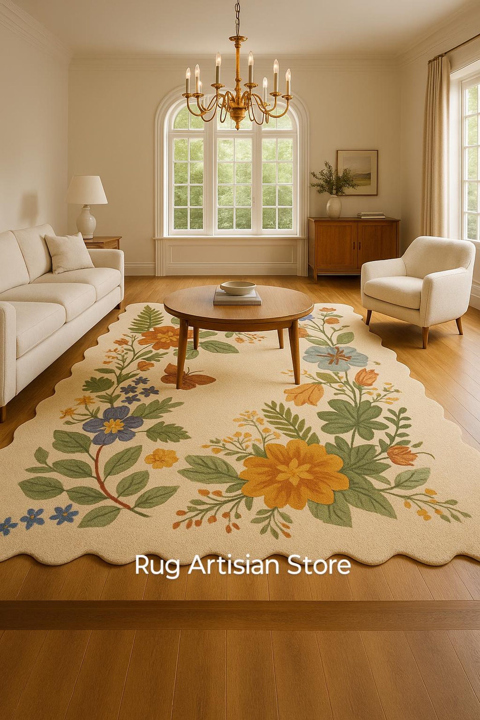 Beige Floral Scalloped Edge Botanical Carpet Cottagecore Aesthetic Home ...