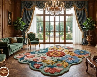 Handgetufteter Wollteppich in Blumenform, moderner botanischer Teppich
