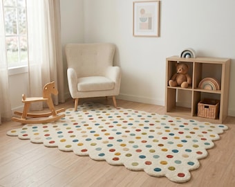 Hand-Tufted Wool Polka Dot Rug | Scalloped Edge Playroom Carpet for Nursery