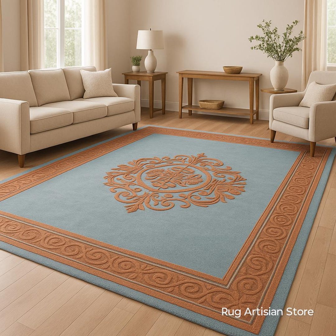 Elegant Blue and Rust Embossed Area Rug – Classic Medallion Design ...