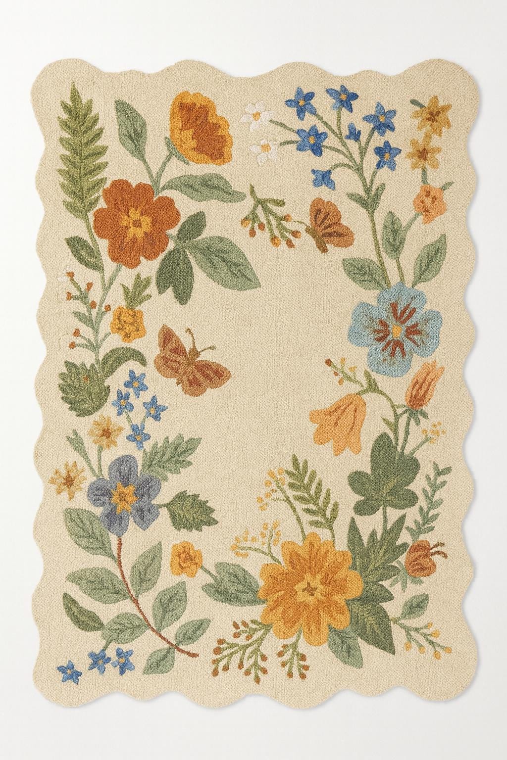Beige Floral Scalloped Edge Botanical Carpet Cottagecore Aesthetic Home ...