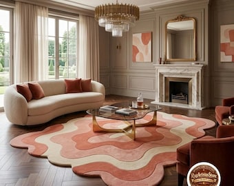 Hand Tufted Wool Rug, Terracotta Wavy Area Carpet, Modern Living Room Design