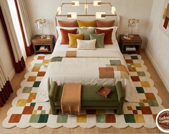 Hand Tufted Wool Rug | Modern Geometric Scalloped Carpet, Terracotta Beige Home Décor